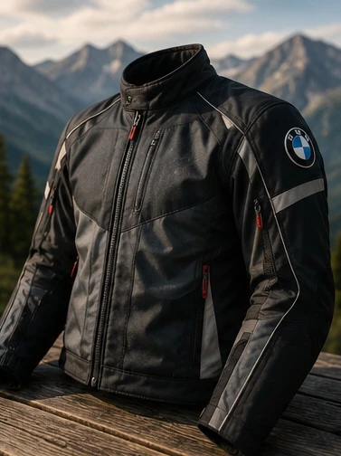 BMW Motorradjacke vor Alpenpanorama