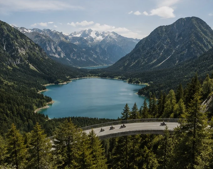 Türkiser Bergsee mit kurvenreicher Passstraße in den Alpen