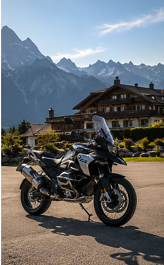 BMW R 1250 GS Motorrad vor einem Chalet mit Bergkulisse