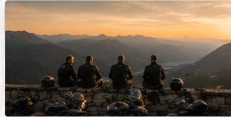 Gruppe bei einer Rast im Sonnenuntergang