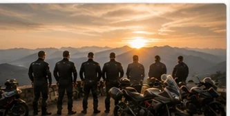 Motorradgruppe bei Sonnenuntergang