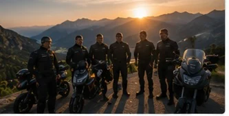 Weiteres Gruppenfoto der Motorradfahrer bei Sonnenuntergang