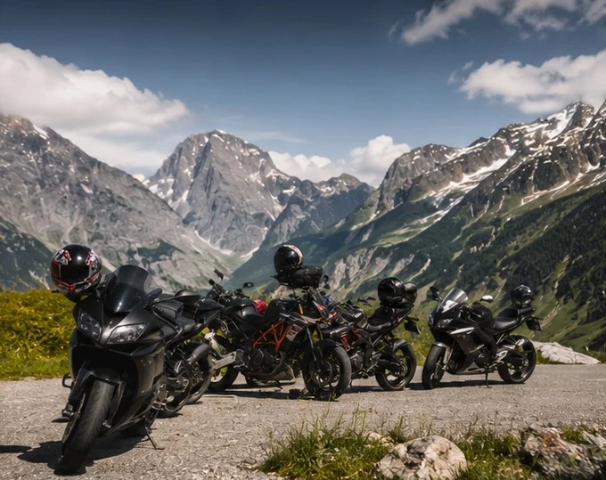 Kleine Gruppe Motorradfahrer mit Bergpanorama im Hintergrund