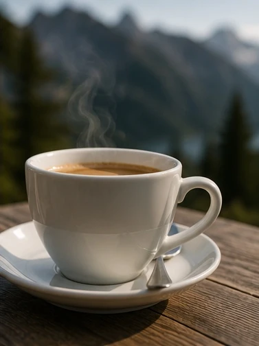Tasse Kaffee auf einem Tisch mit Bergblick