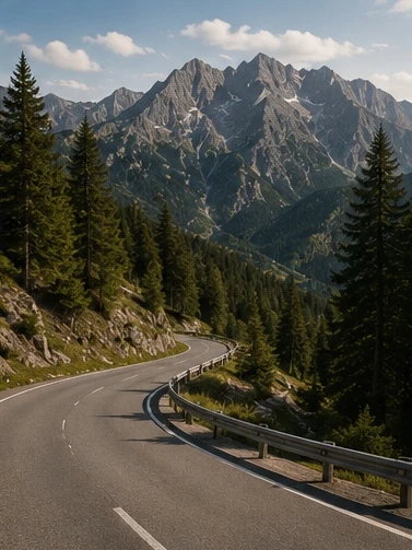 Kurvenreiche Alpenstraße durch einen Nadelwald