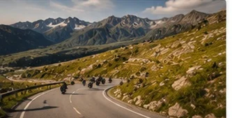 Motorradfahrer auf einer kurvenreichen Alpenstraße im Abendlicht