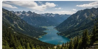 Alpental mit See und kurvenreicher Straße