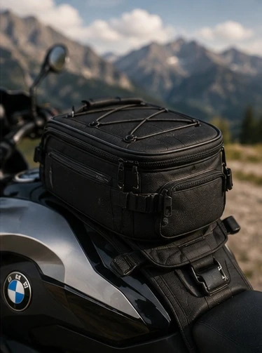 Tankrucksack auf einem BMW Motorrad, im Hintergrund Alpenpanorama