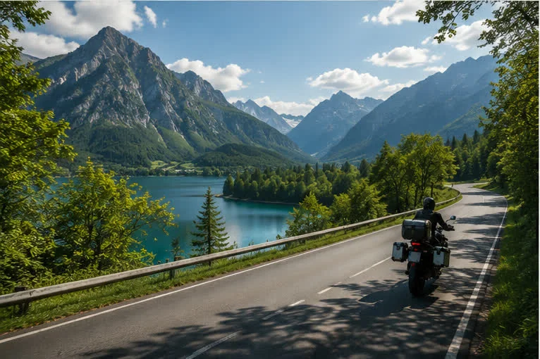 Motorrad auf kurvenreicher Alpenstraße vor Bergpanorama